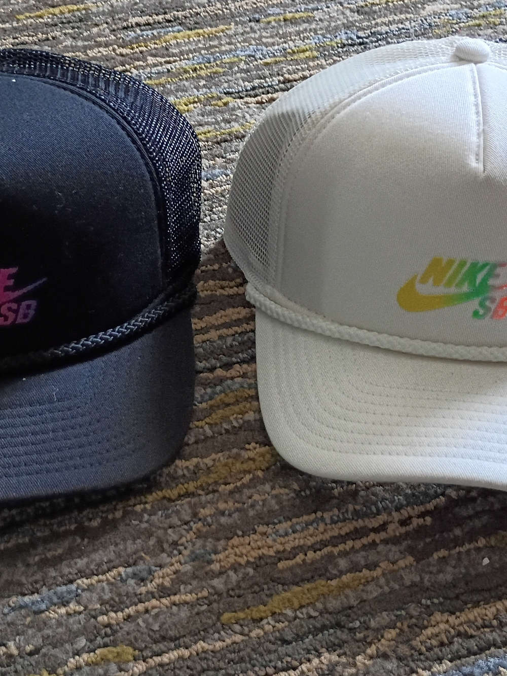 Nike SB  Trucker Hats in Black and White with gradient Logos